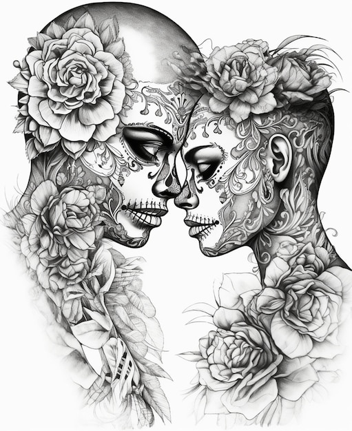 Photo a black and white drawing of two people with flowers and the words day of the dead on the front.