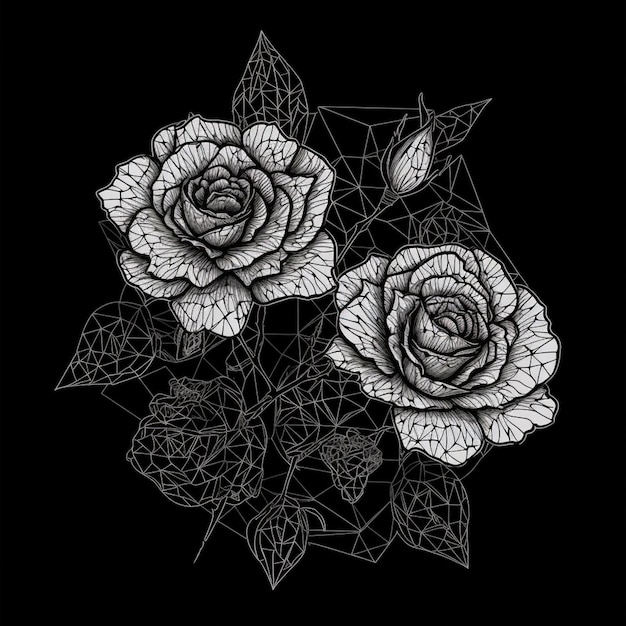 Photo a black and white drawing of two roses with leaves generative ai