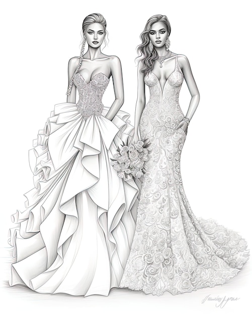 a black and white drawing of two women in a bridal gown