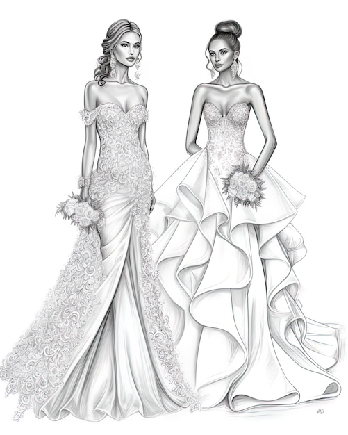 Photo a black and white drawing of two women in dresses with the words  brides  on it