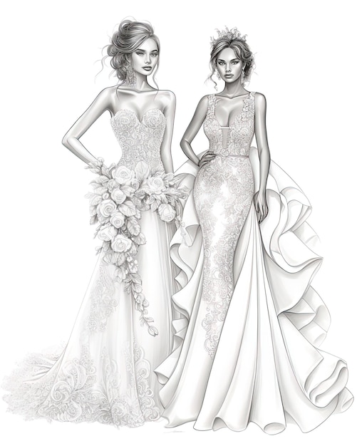 a black and white drawing of two women in dresses