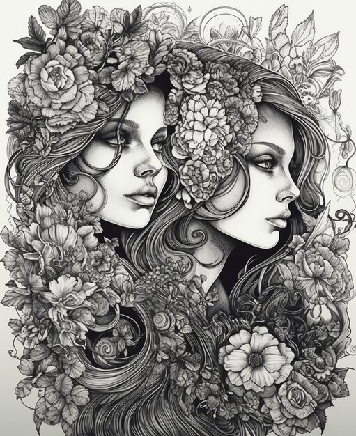 A black and white drawing of two women with flowers on their heads.