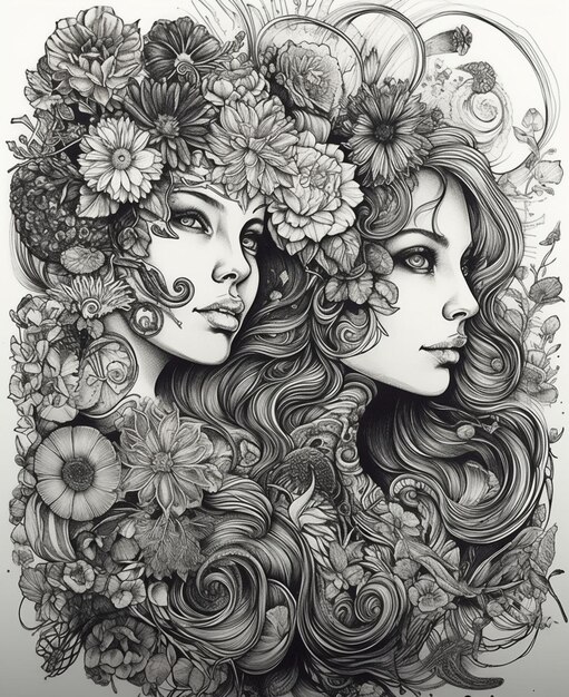 A black and white drawing of two women with flowers on their heads.