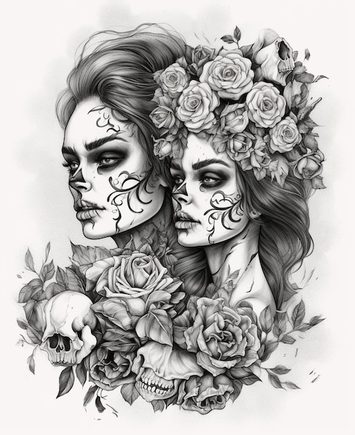 A black and white drawing of two women with roses and roses.