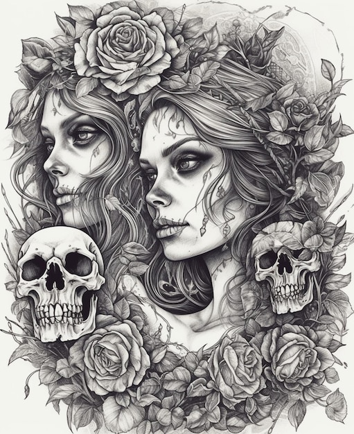 A black and white drawing of two women with skulls and roses.