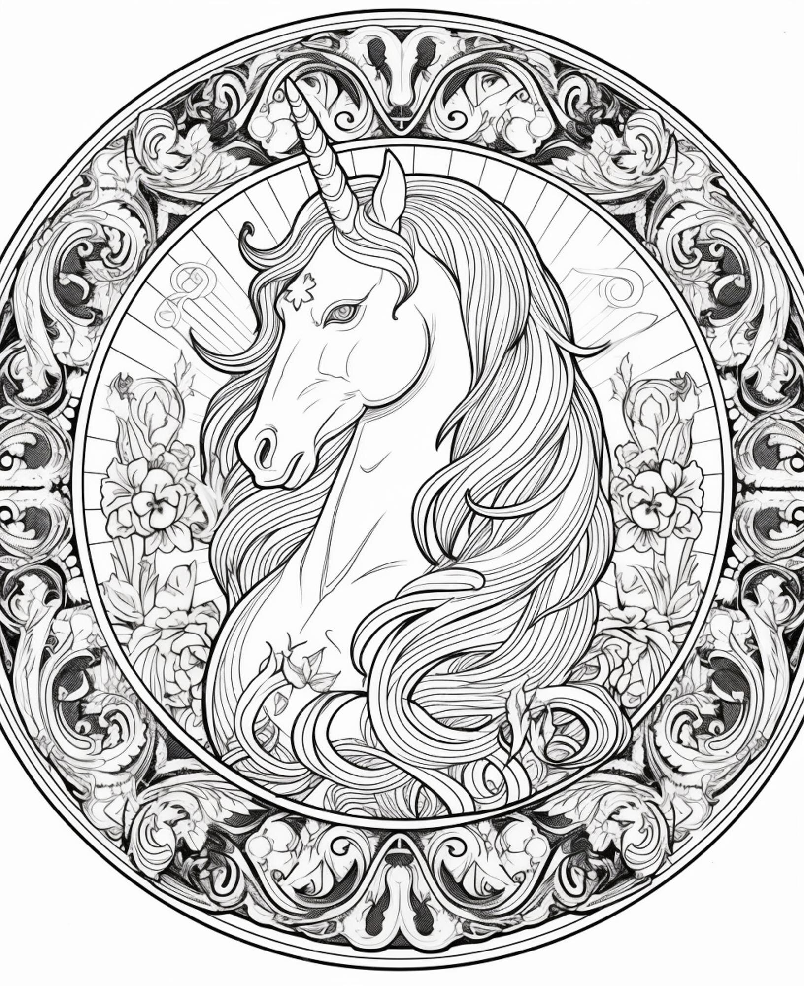 Premium Photo | A black and white drawing of a unicorn in a circular
