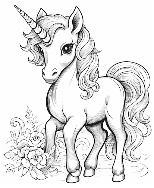 Foto un disegno in bianco e nero di un unicorno con un fiore ai generativo