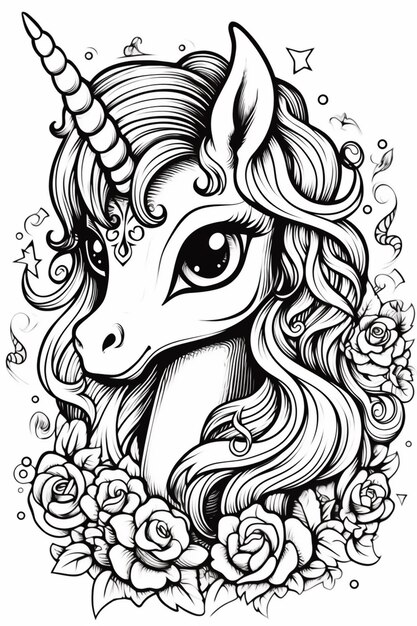 Foto un disegno in bianco e nero di un unicorno con fiori generativo ai