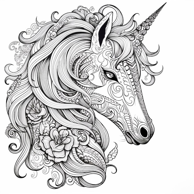 a black and white drawing of a unicorn with a long mane generative ai