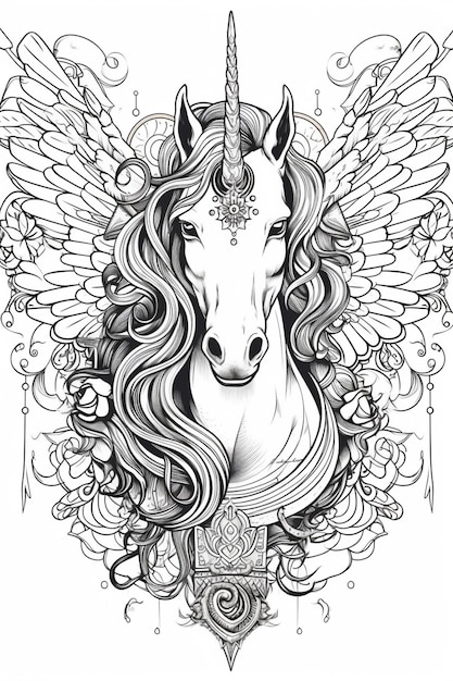 A black and white drawing of a unicorn with wings generative ai