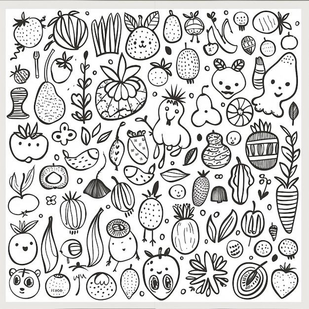 a black and white drawing of various fruits and vegetables generative ai