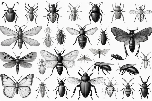 Photo a black and white drawing of various insects and bugs generative ai