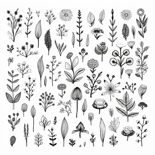 Photo a black and white drawing of various plants and flowers generative ai