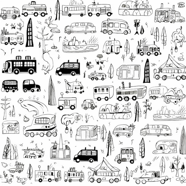 a black and white drawing of various vehicles and buildings generative ai