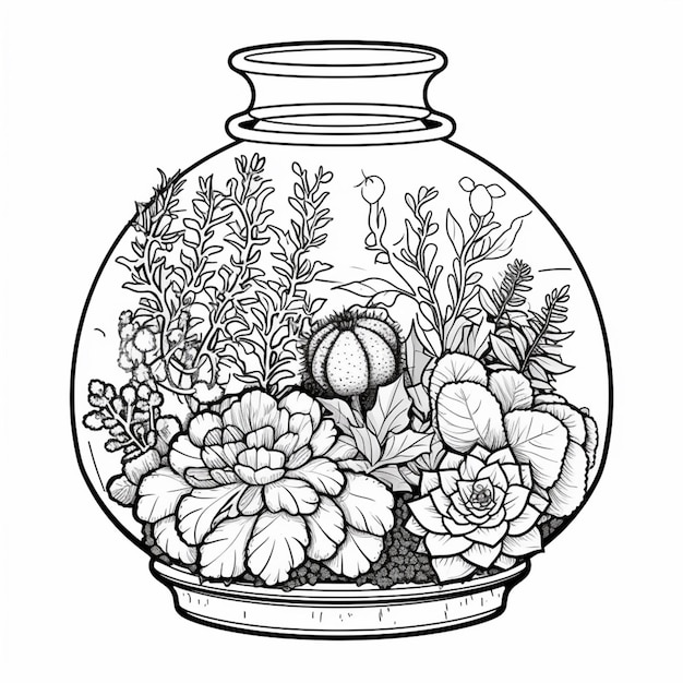 植物で満たされた花瓶の黒と白の絵