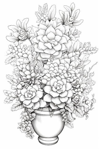 꽃 화병의 흑백 그림.