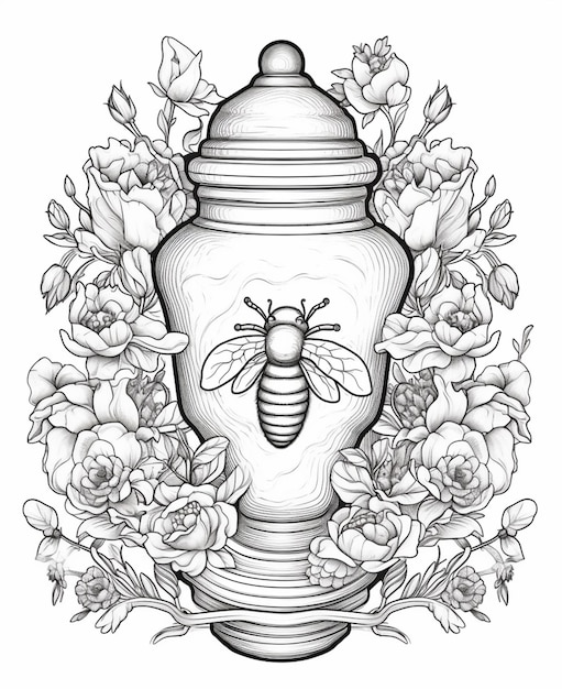 a black and white drawing of a vase with a bee inside generative ai