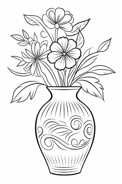 Photo a black and white drawing of a vase with flowers in it generative ai