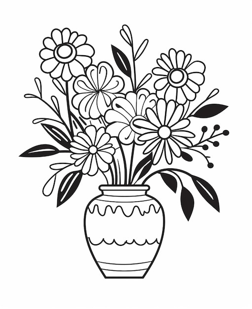 a black and white drawing of a vase with flowers in it generative ai