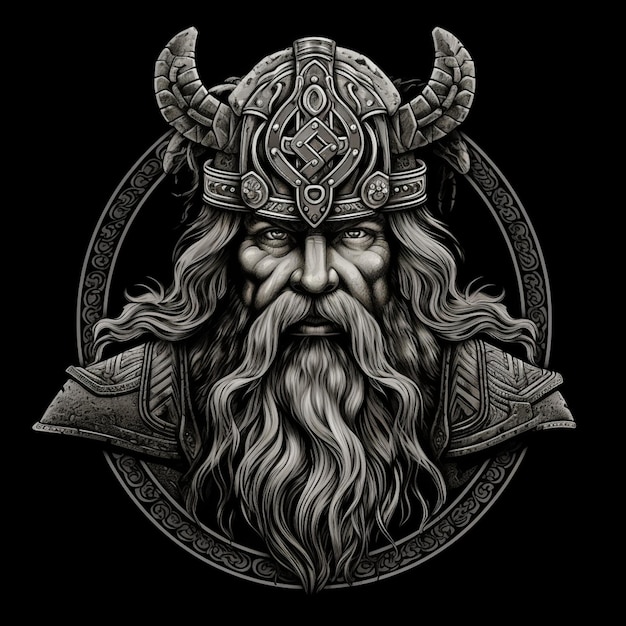 черно-белый рисунок викинга с бородой