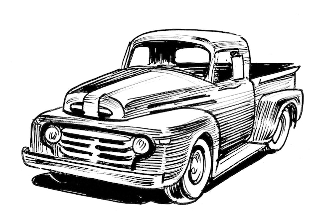 A black and white drawing of a vintage truck.