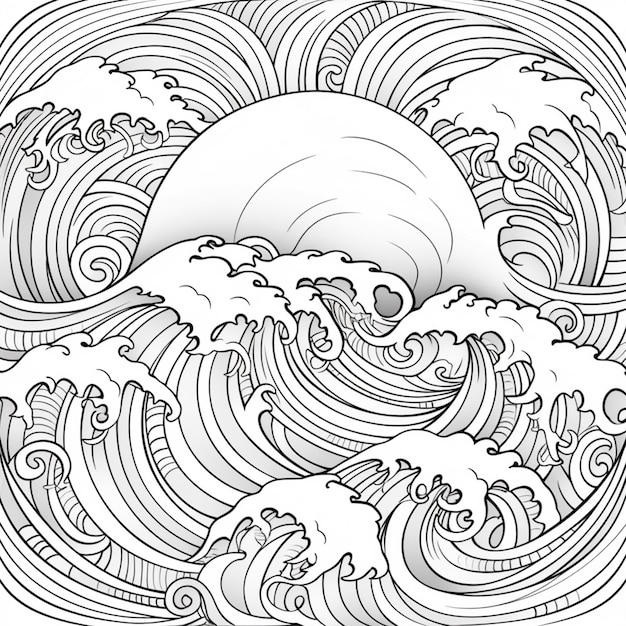 Photo a black and white drawing of a wave with a sun in the background generative ai