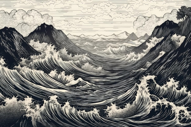 A black and white drawing of waves in the ocean generative AI