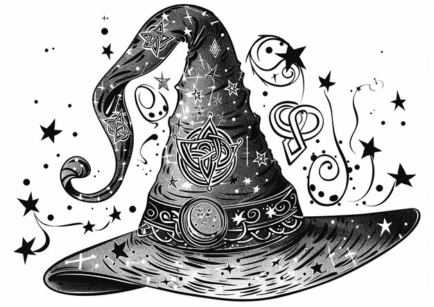 Foto un disegno in bianco e nero di un cappello da strega con una freccia nera e uno sfondo nero