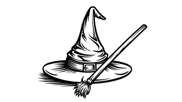 Photo a black and white drawing of a witch hat with a broom generative ai