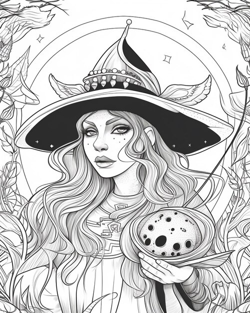 a black and white drawing of a witch holding a skull generative ai