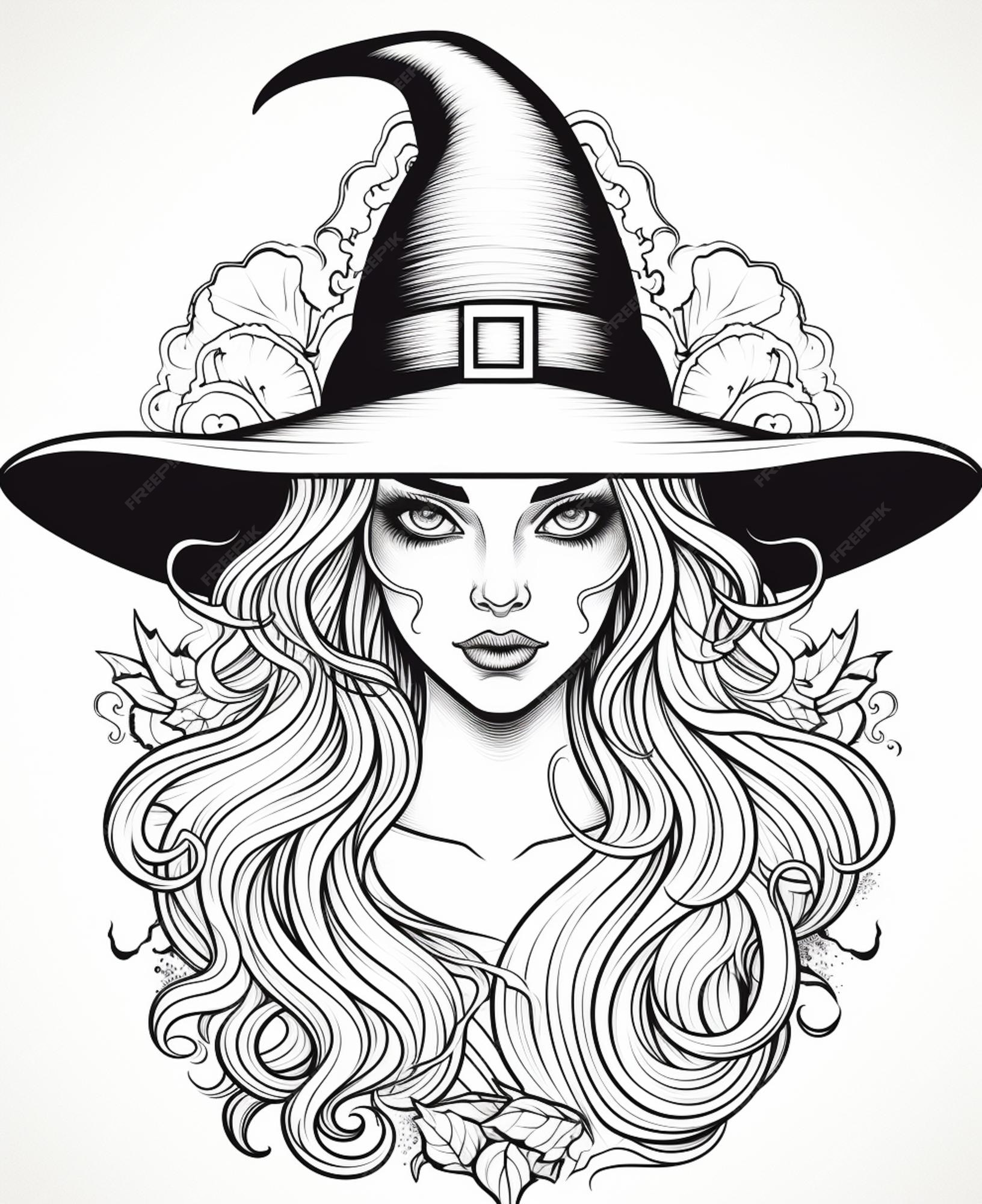 Premium Photo | A black and white drawing of a witch with a hat ...