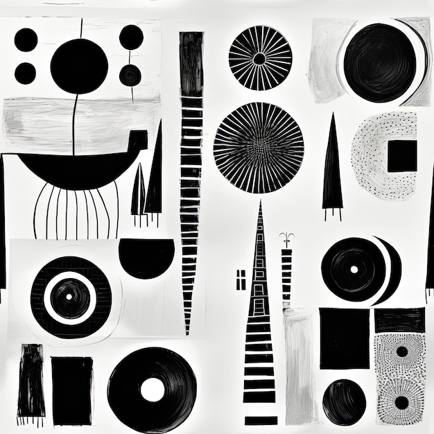 Black and white drawing with various shapes and objects reminiscent of midcentury illustration