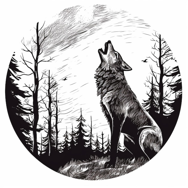 Photo a black and white drawing of a wolf howling in the woods generative ai