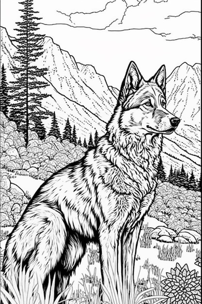 A black and white drawing of a wolf sitting in the mountains.