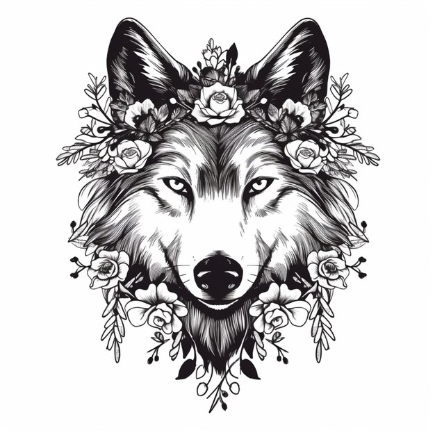 A black and white drawing of a wolf with flowers on its head generative ai