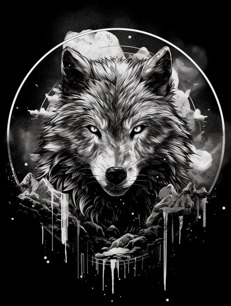 A black and white drawing of a wolf with a moon in the background generative ai
