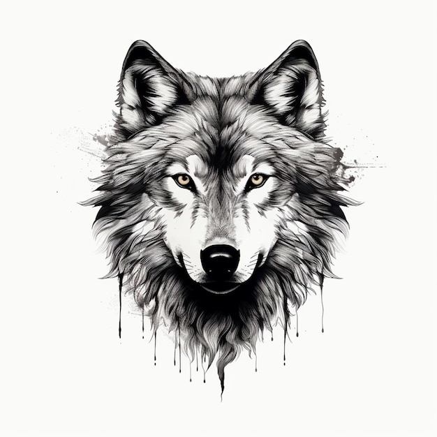 a black and white drawing of a wolfs face with a dripping paint effect generative ai