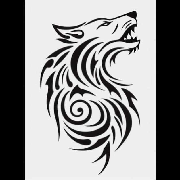 A black and white drawing of a wolfs head with swirls generative ai