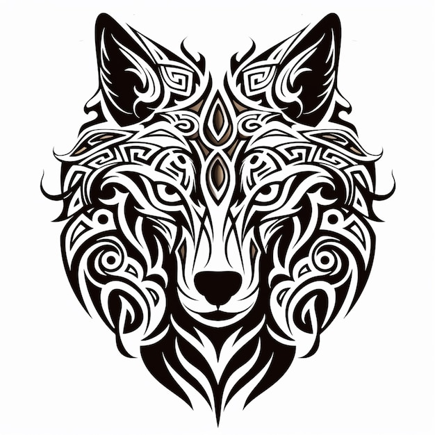 a black and white drawing of a wolfs head with a tribal pattern generative ai