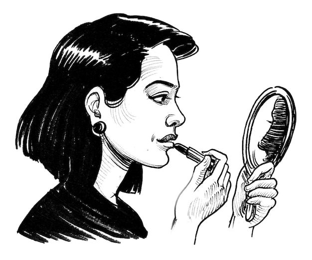 A black and white drawing of a woman applying makeup.