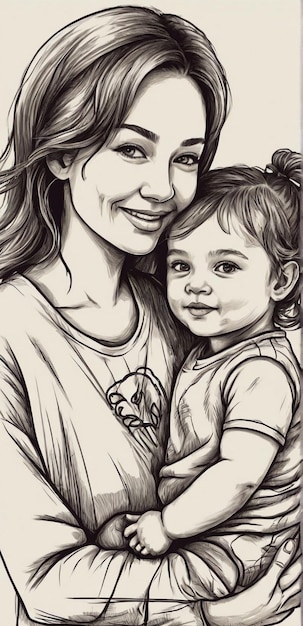 a black and white drawing of a woman and a baby