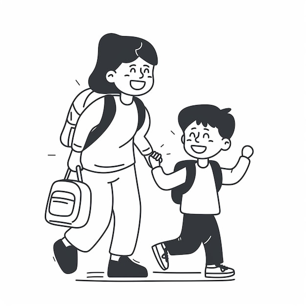 a black and white drawing of a woman and a boy walking with a backpack