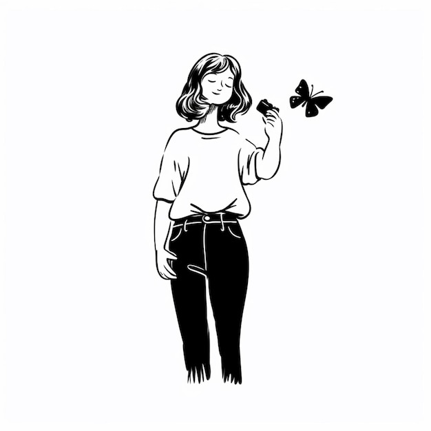 a black and white drawing of a woman holding a butterfly generative ai