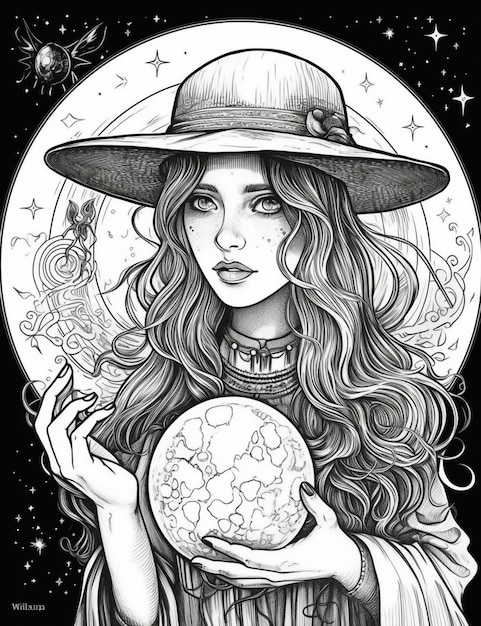 Photo a black and white drawing of a woman holding a planet.