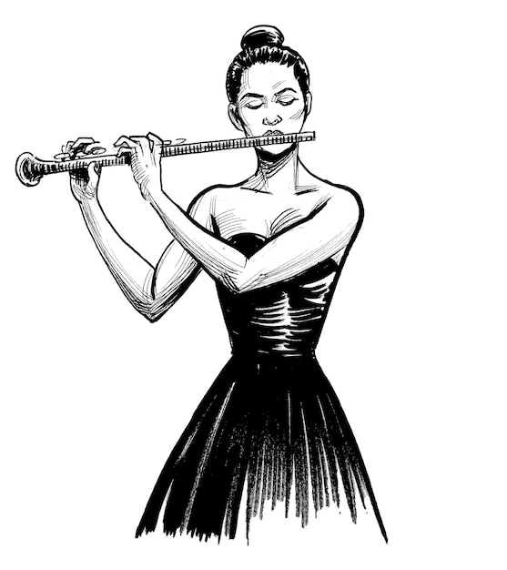 フルートを演奏する女性の白黒の絵。