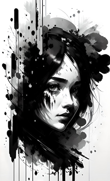 Черно-белый рисунок женского лица.