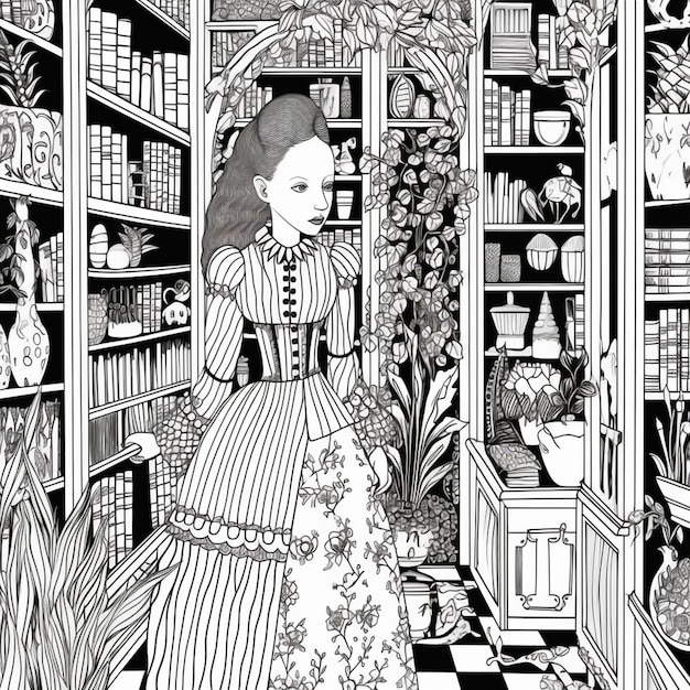 a black and white drawing of a woman in a store generative ai