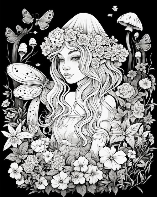 Черно-белый рисунок женщины в окружении цветов, генерирующий ai