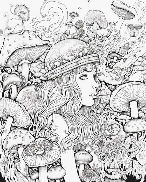 Photo a black and white drawing of a woman surrounded by mushrooms generative ai