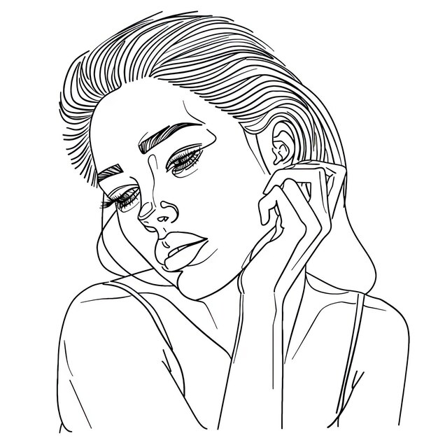 Photo a black and white drawing of a woman talking on a cell phone